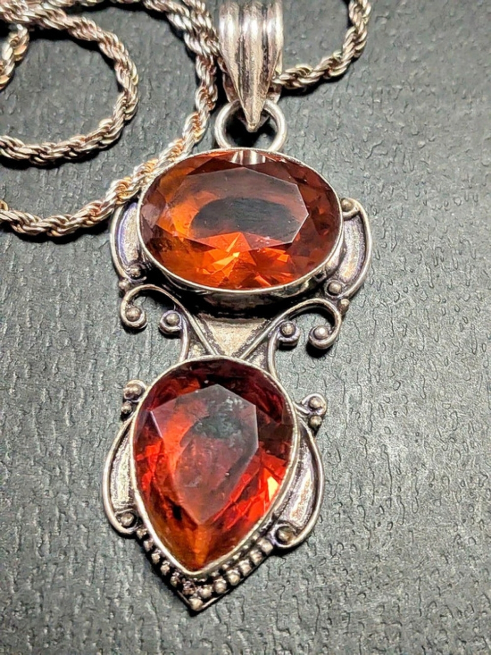 Vintage 925 Sterling Silver Ornate Statement Necklace Orange Citrine Garnet